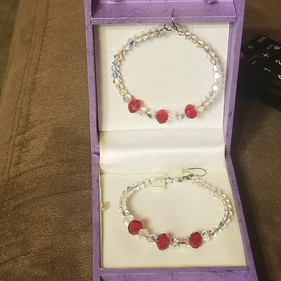 Swarovski Red and White Crystal Hand-made Hoop Earrings. Sterling hooks used. - Picture 3 of 6